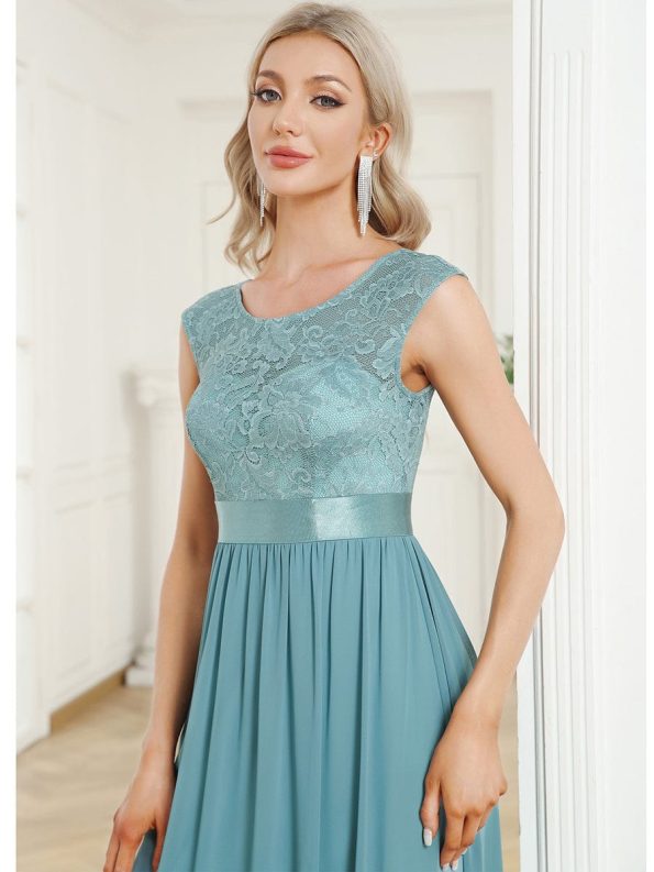 Classic Round Neck Backless Lace Bodice Bridesmaid Dress - Dusty Blue