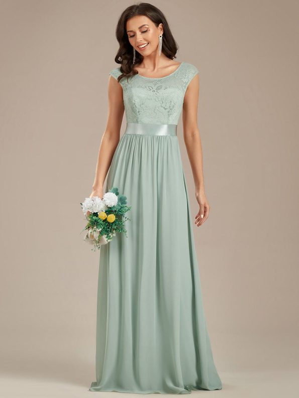 Classic Round Neck Backless Lace Bodice Bridesmaid Dress - Mint Green