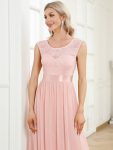 Classic Round Neck V Back Lace Bodice Bridesmaid Dress – Pink