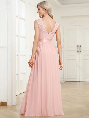 Classic Round Neck V Back Lace Bodice Bridesmaid Dress - Pink