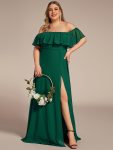 Women’s Off Shoulder Ruffle Thigh Slit Bridesmaid Dresses – Dark Green