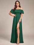 Women’s Off Shoulder Ruffle Thigh Slit Bridesmaid Dresses – Dark Green