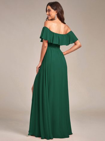 Women's Off Shoulder Ruffle Thigh Slit Bridesmaid Dresses - Dark Green