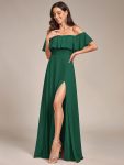 Women’s Off Shoulder Ruffle Thigh Slit Bridesmaid Dresses – Dark Green