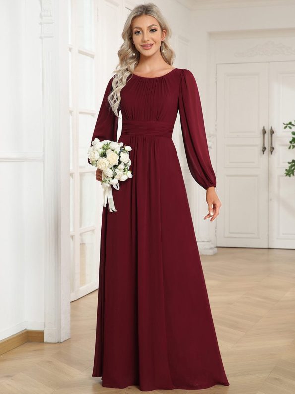 Chiffon High Empire Waist Puff Sleeve Mother Dress - Burgundy