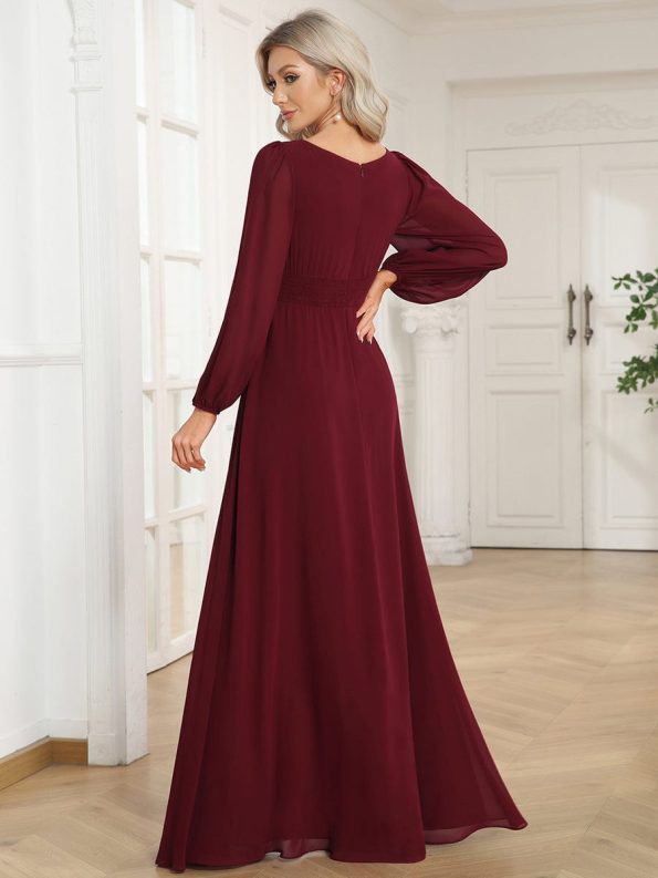 Chiffon High Empire Waist Puff Sleeve Mother Dress - Burgundy