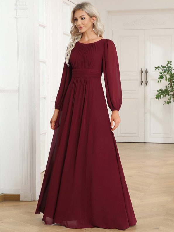 Chiffon High Empire Waist Puff Sleeve Mother Dress - Burgundy