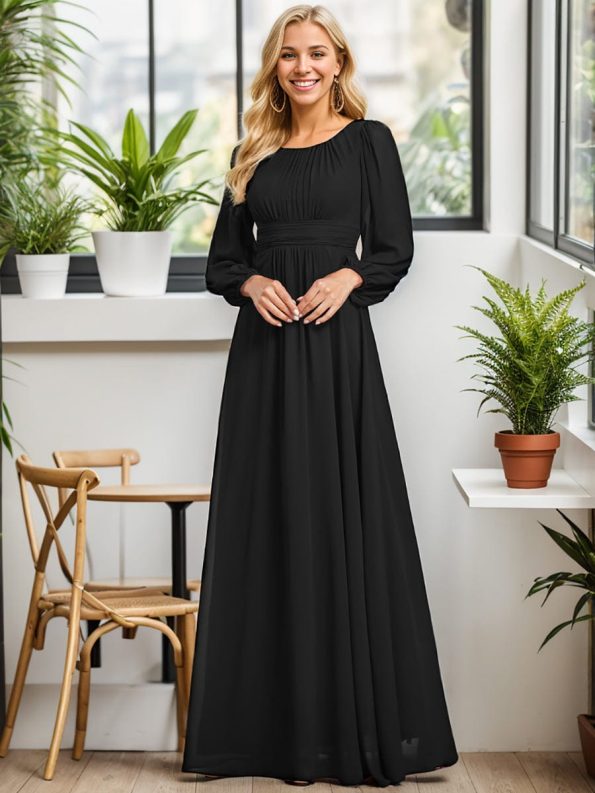 Chiffon High Empire Waist Puff Sleeve Mother Dress - Black