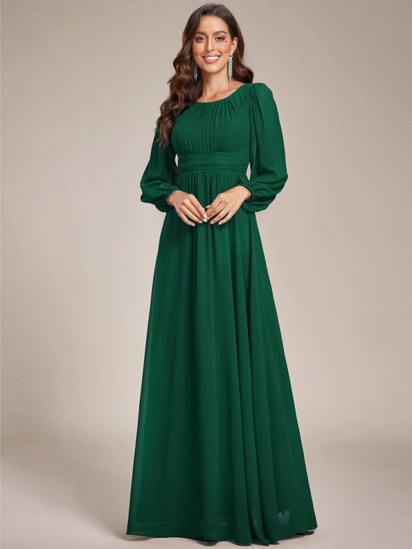 Chiffon High Empire Waist Puff Sleeve Mother Dress - Dark Green