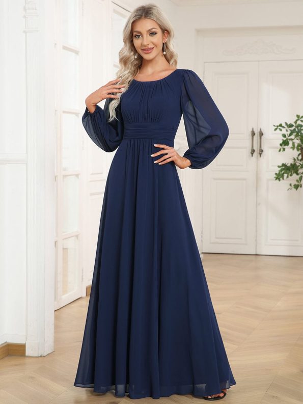 Chiffon High Empire Waist Puff Sleeve Mother Dress - Navy Blue