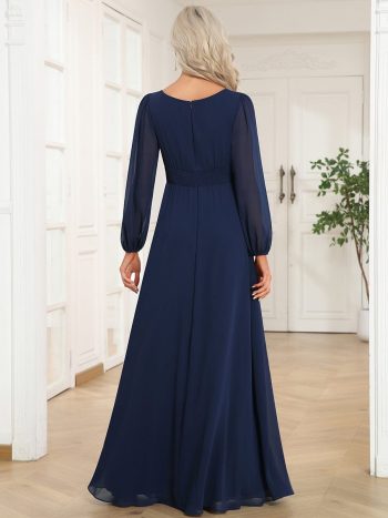 Chiffon High Empire Waist Puff Sleeve Mother Dress - Navy Blue