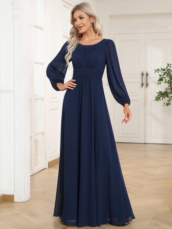 Chiffon High Empire Waist Puff Sleeve Mother Dress - Navy Blue