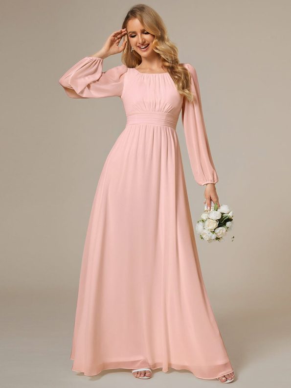 Chiffon High Empire Waist Puff Sleeve Mother Dress - Pink