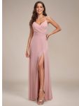 Pleated V-Neck Spaghetti Strap High Slit Bridesmaid Dress – Dusty Rose