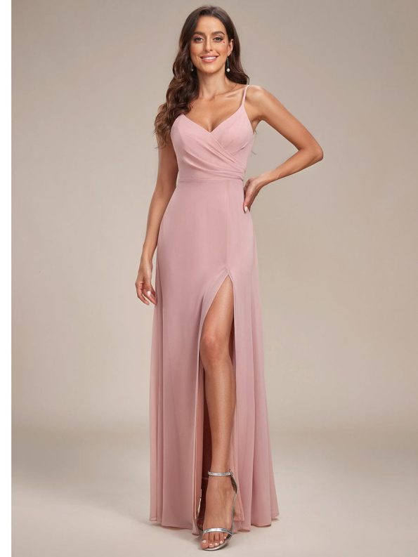 Pleated V-Neck Spaghetti Strap High Slit Bridesmaid Dress - Dusty Rose