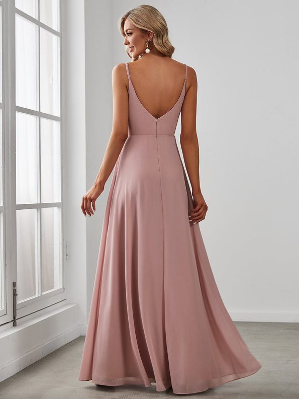 Pleated V-Neck Spaghetti Strap High Slit Bridesmaid Dress - Dusty Rose