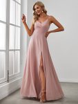 Pleated V-Neck Spaghetti Strap High Slit Bridesmaid Dress – Dusty Rose