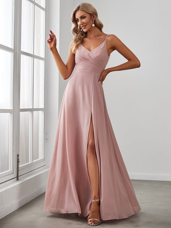 Pleated V-Neck Spaghetti Strap High Slit Bridesmaid Dress - Dusty Rose