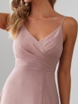 Pleated V-Neck Spaghetti Strap High Slit Bridesmaid Dress – Dusty Rose