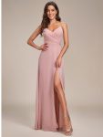 Pleated V-Neck Spaghetti Strap High Slit Bridesmaid Dress – Dusty Rose