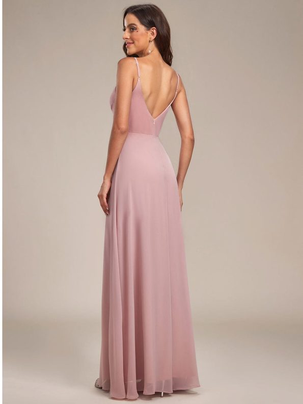 Pleated V-Neck Spaghetti Strap High Slit Bridesmaid Dress - Dusty Rose