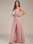 Pleated V-Neck Spaghetti Strap High Slit Bridesmaid Dress – Dusty Rose