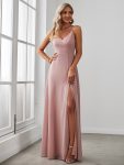 Pleated V-Neck Spaghetti Strap High Slit Bridesmaid Dress – Dusty Rose