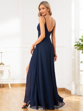 Pleated V-Neck Spaghetti Strap High Slit Bridesmaid Dress - Navy Blue