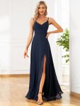 Pleated V-Neck Spaghetti Strap High Slit Bridesmaid Dress – Navy Blue