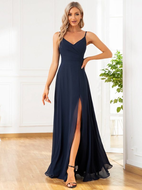 Pleated V-Neck Spaghetti Strap High Slit Bridesmaid Dress - Navy Blue