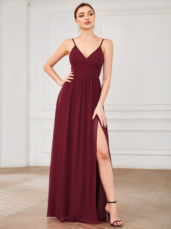 Chiffon Plunging V-Neck Spaghetti Strap Ruched A-Line Front Slit Bridesmaid Dress - Burgundy