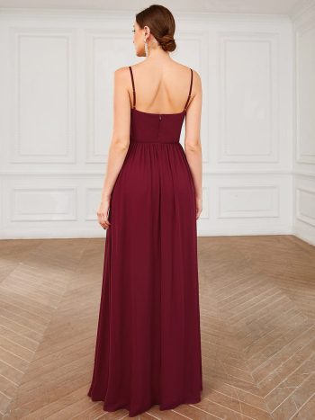 Chiffon Plunging V-Neck Spaghetti Strap Ruched A-Line Front Slit Bridesmaid Dress - Burgundy