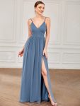 Chiffon Plunging V-Neck Spaghetti Strap Ruched A-Line Front Slit Bridesmaid Dress – Dusty Navy