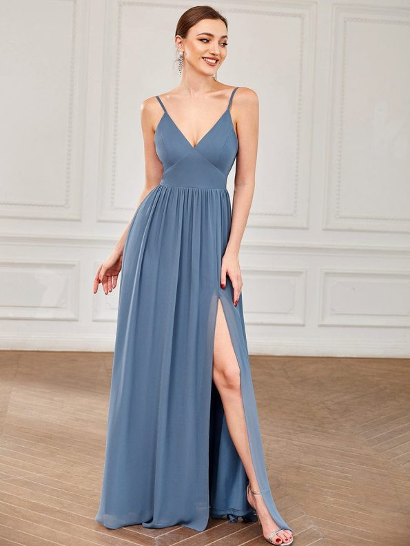 Chiffon Plunging V-Neck Spaghetti Strap Ruched A-Line Front Slit Bridesmaid Dress - Dusty Navy