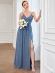 Chiffon Plunging V-Neck Spaghetti Strap Ruched A-Line Front Slit Bridesmaid Dress – Dusty Navy