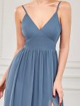 Chiffon Plunging V-Neck Spaghetti Strap Ruched A-Line Front Slit Bridesmaid Dress – Dusty Navy