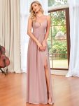 Chiffon Plunging V-Neck Spaghetti Strap Ruched A-Line Front Slit Bridesmaid Dress – Dusty Rose