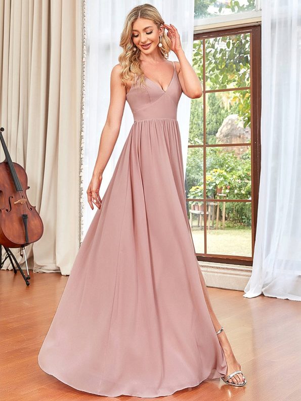 Chiffon Plunging V-Neck Spaghetti Strap Ruched A-Line Front Slit Bridesmaid Dress - Dusty Rose