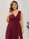 Pleated Chiffon V-Neck Sleeveless Front Slit Bridesmaid Dress – Burgundy