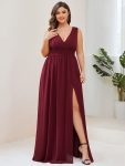 Pleated Chiffon V-Neck Sleeveless Front Slit Bridesmaid Dress – Burgundy