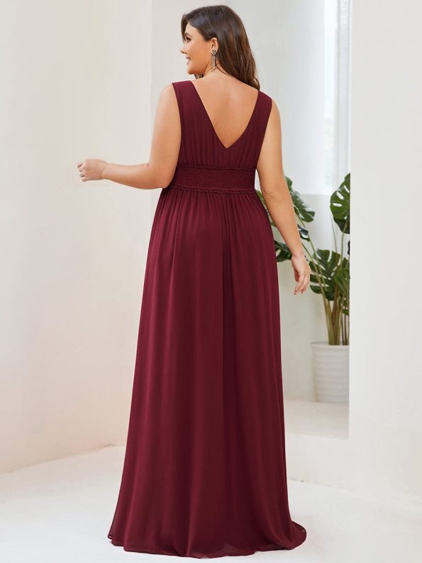 Pleated Chiffon V-Neck Sleeveless Front Slit Bridesmaid Dress - Burgundy