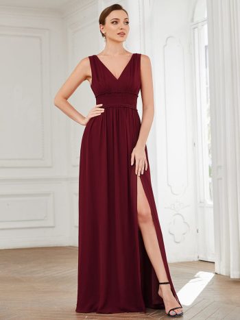 Pleated Chiffon V-Neck Sleeveless Front Slit Bridesmaid Dress - Burgundy