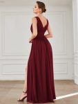 Pleated Chiffon V-Neck Sleeveless Front Slit Bridesmaid Dress – Burgundy