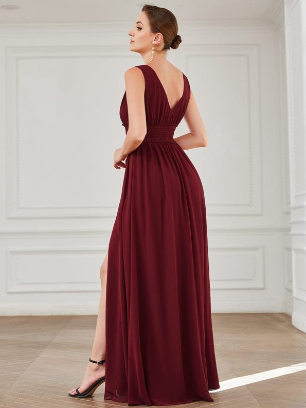 Pleated Chiffon V-Neck Sleeveless Front Slit Bridesmaid Dress - Burgundy