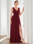 Pleated Chiffon V-Neck Sleeveless Front Slit Bridesmaid Dress – Burgundy