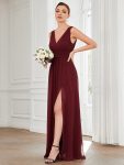 Pleated Chiffon V-Neck Sleeveless Front Slit Bridesmaid Dress – Burgundy