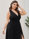 Pleated Chiffon V-Neck Sleeveless Front Slit Bridesmaid Dress – Black