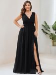 Pleated Chiffon V-Neck Sleeveless Front Slit Bridesmaid Dress – Black