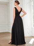 Pleated Chiffon V-Neck Sleeveless Front Slit Bridesmaid Dress – Black