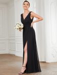 Pleated Chiffon V-Neck Sleeveless Front Slit Bridesmaid Dress – Black